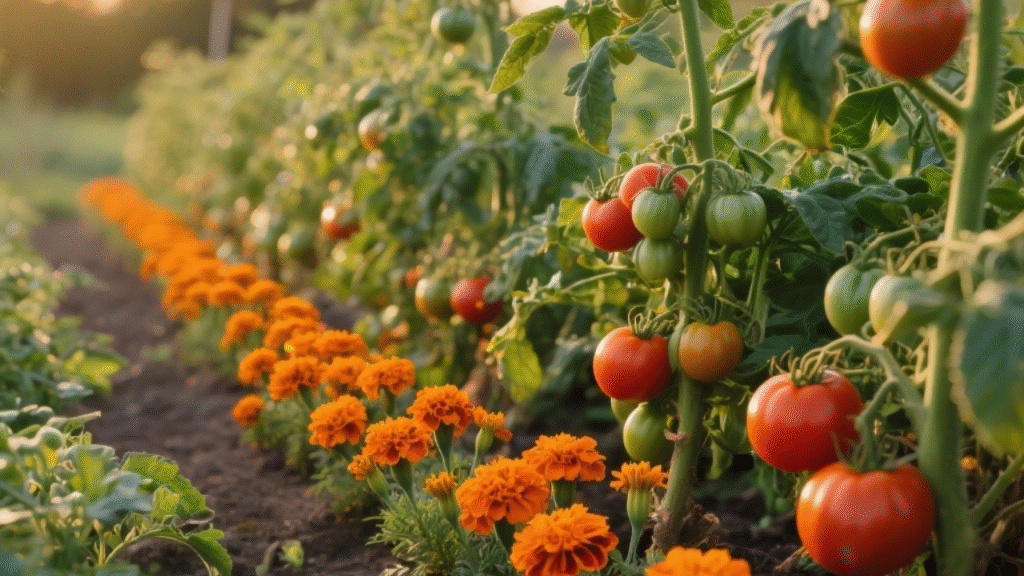 Canteiro de horta mostrando a técnica de plantas companheiras, com flores de Tagete plantadas ao lado de pés de tomate para protegê-los de nematoides.