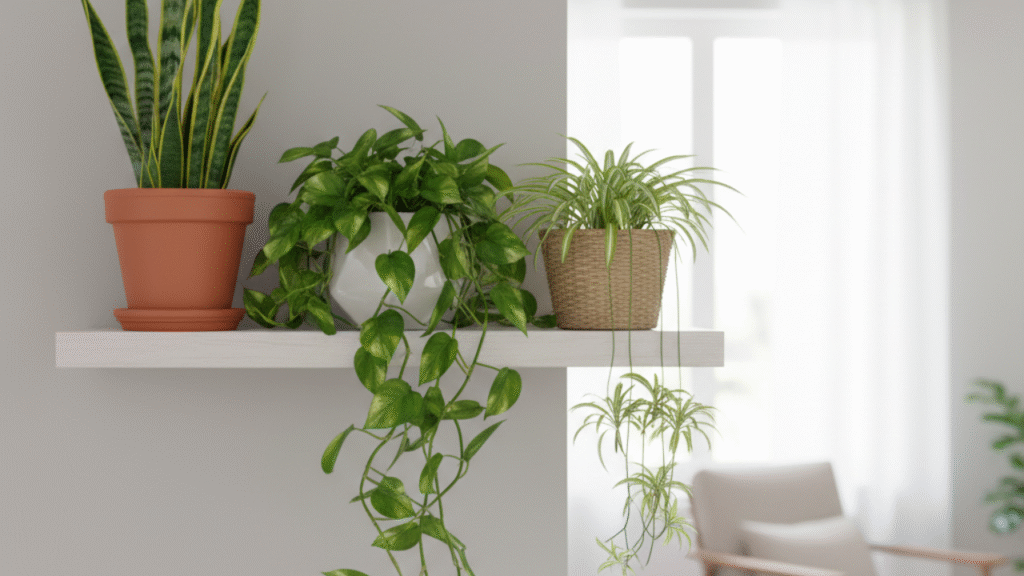 Uma prateleira decorada com uma Espada-de-São-Jorge, Jiboia e Planta-Aranha, mostrando uma coleção de plantas fáceis de cuidar.