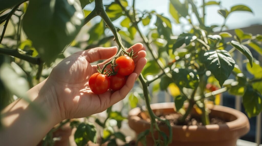Close-up de uma mão colhendo um cacho de tomate cereja em vaso, ilustrando o sucesso do cultivo em casa.