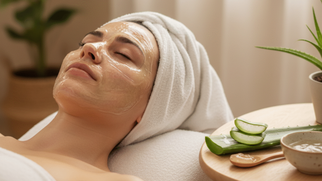 Mulher com uma máscara facial de gel de Babosa, ilustrando um dos usos práticos da planta como um anti-inflamatório natural para a pele.