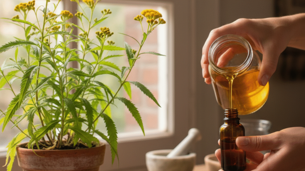 (Como plantar Arnica) Imagem mostrando a planta arnica-brasileira (Solidago) ao lado do processo de envase do óleo de arnica caseiro, para uso tópico.