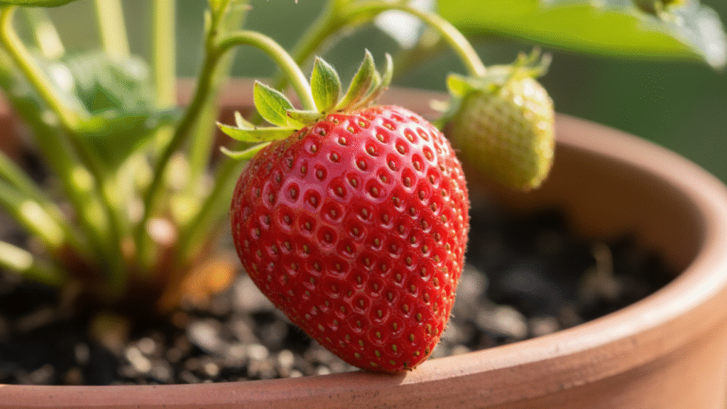 Close-up de um morango vermelho e suculento crescendo em um vaso, mostrando o resultado de como plantar morango em vaso com sucesso.