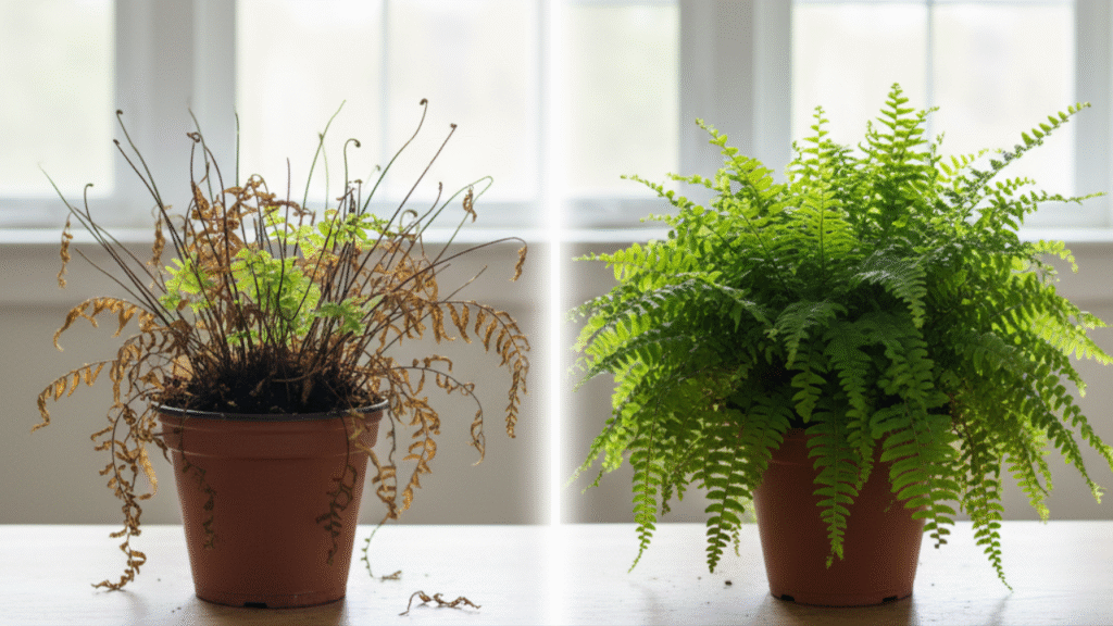 (Como Podar Samambaia) Comparativo mostrando uma samambaia com folhas secas antes da poda e a mesma planta, agora verde e cheia, após a poda de renovação.
