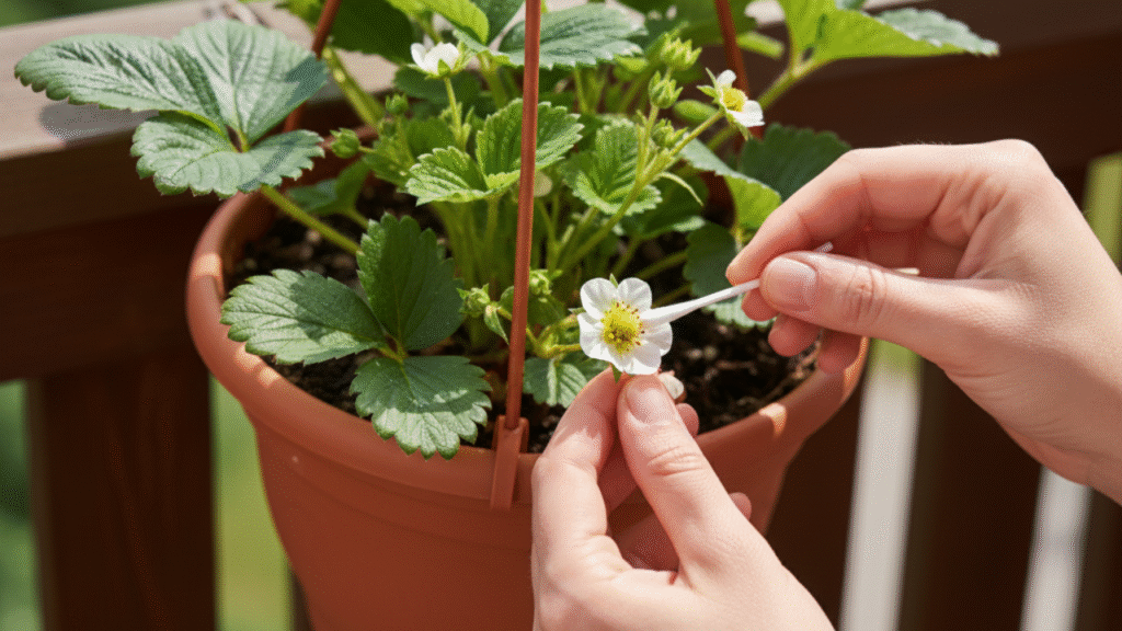 Mãos usando um cotonete para polinizar uma flor de morango, um passo importante de como plantar morango em vaso em apartamentos.