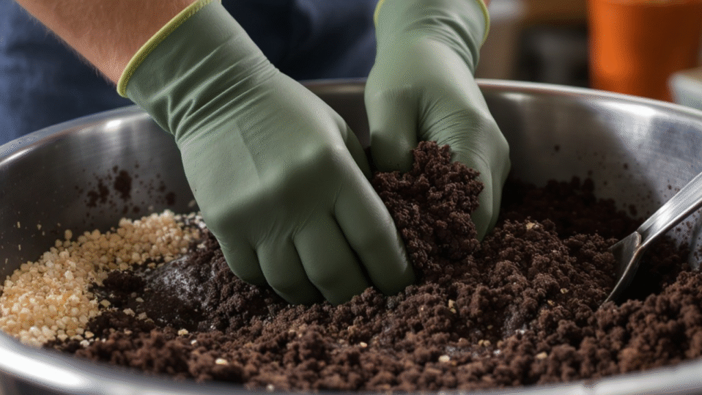 Mãos misturando terra e húmus para criar um substrato nutritivo, um passo essencial na adubação para vasos e no cuidado com plantas.