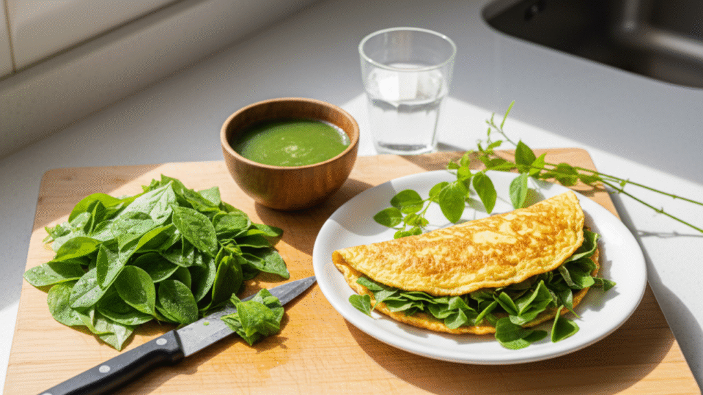 Imagem mostrando a versatilidade da Ora-pro-nóbis, com folhas sendo picadas e usadas em um suco verde e em um omelete.