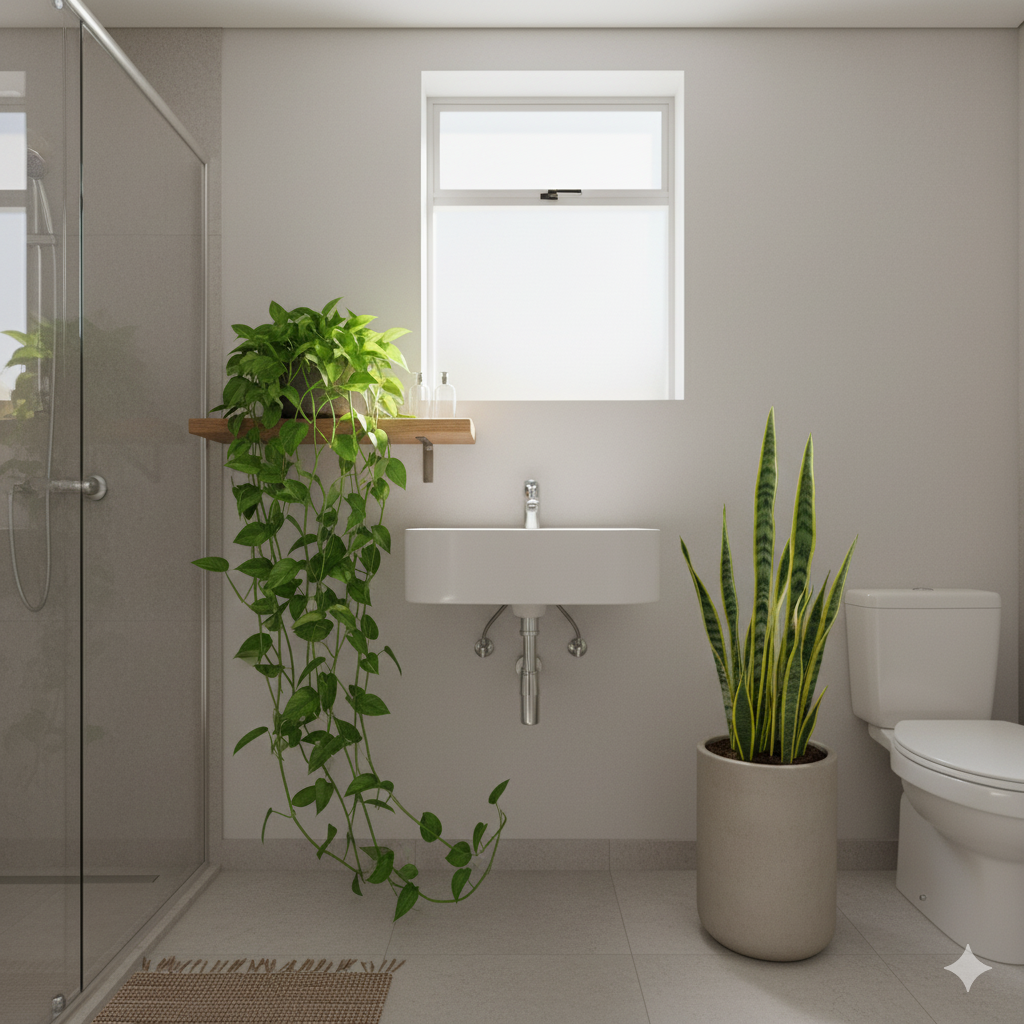 Um banheiro decorado com uma Jiboia e uma Espada-de-São-Jorge, exemplos de plantas para ambientes com pouca luz e alta umidade.