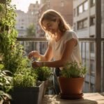 Horta em apartamento com vasos de manjericão, alecrim e outros temperos crescendo saudáveis em uma jardineira na varanda, mostrando que é possível ter uma horta para iniciantes em pequenos espaços.