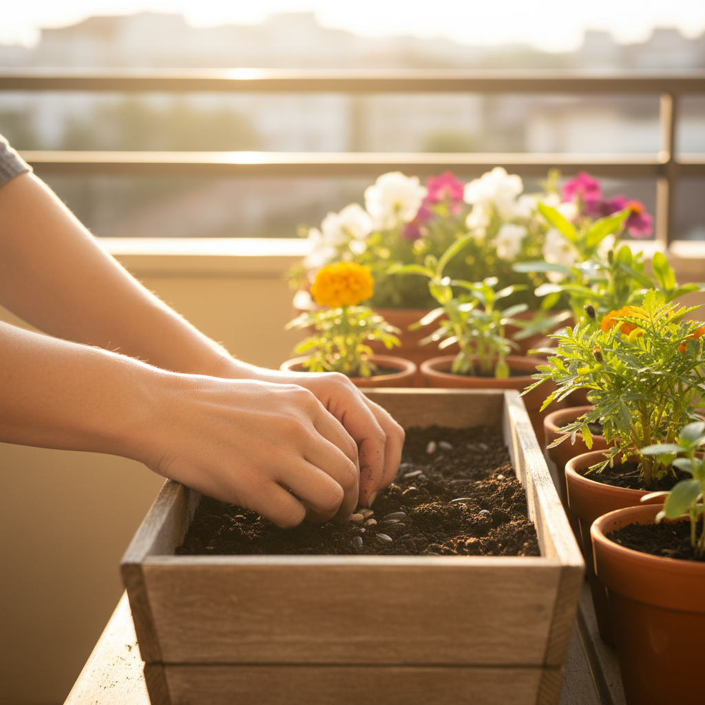 Mãos de uma pessoa plantando sementes de girassol, representando o plantio de flores de setembro para uma floração rápida na primavera.
