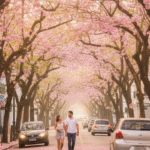Uma rua brasileira com um túnel de árvores de Ipê-rosa em plena floração, mostrando a beleza da árvore no ambiente urbano.