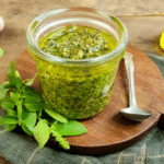 Pote de vidro cheio de pesto de manjericão caseiro verde vibrante, com uma colher.