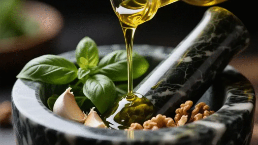 Close-up do preparo de pesto de manjericão, com azeite sendo derramado sobre folhas de manjericão e nozes dentro de um pilão de mármore.