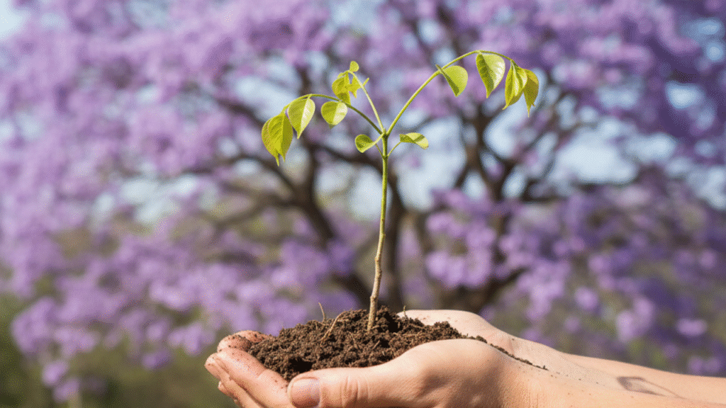 Mãos segurando uma pequena muda de Ipê, com uma árvore Ipê roxo florida e desfocada ao fundo, simbolizando o processo de plantio e crescimento.