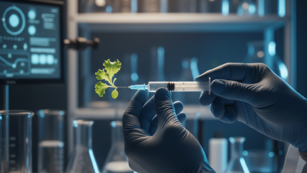 Mãos de cientista segurando uma seringa com um broto de alface na ponta, simbolizando a troca da injeção pelas vacinas comestíveis.