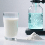 Imagem conceitual mostrando um copo de leite ao lado de um biorreator de laboratório, ilustrando o processo da fermentação de precisão para criar laticínios sem animais.