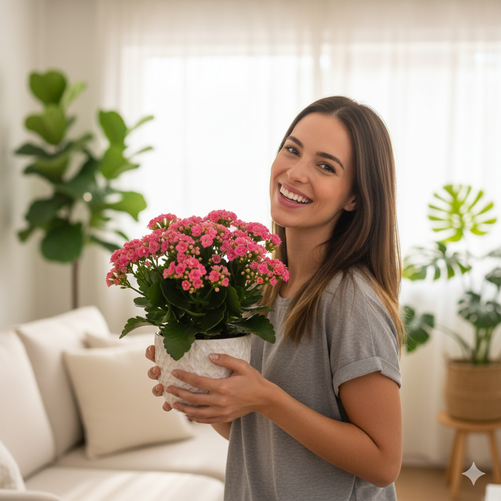 Mulher em seu apartamento segurando uma Kalanchoe, uma das plantas que dão flores em apartamento e são fáceis de cuidar.