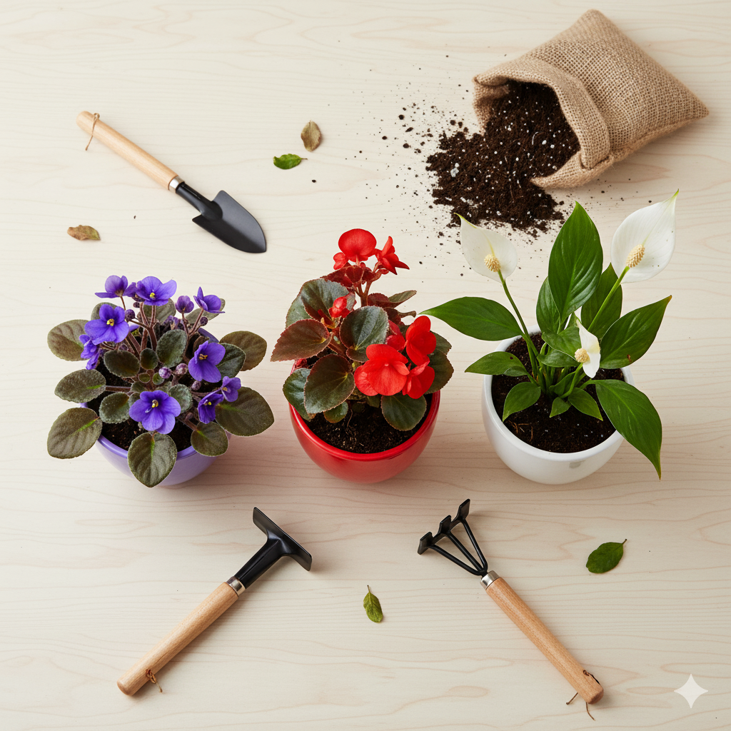 Composição com Violeta, Begônia e Lírio-da-paz, exemplos de plantas que dão flores em apartamento e se adaptam a pequenos espaços.