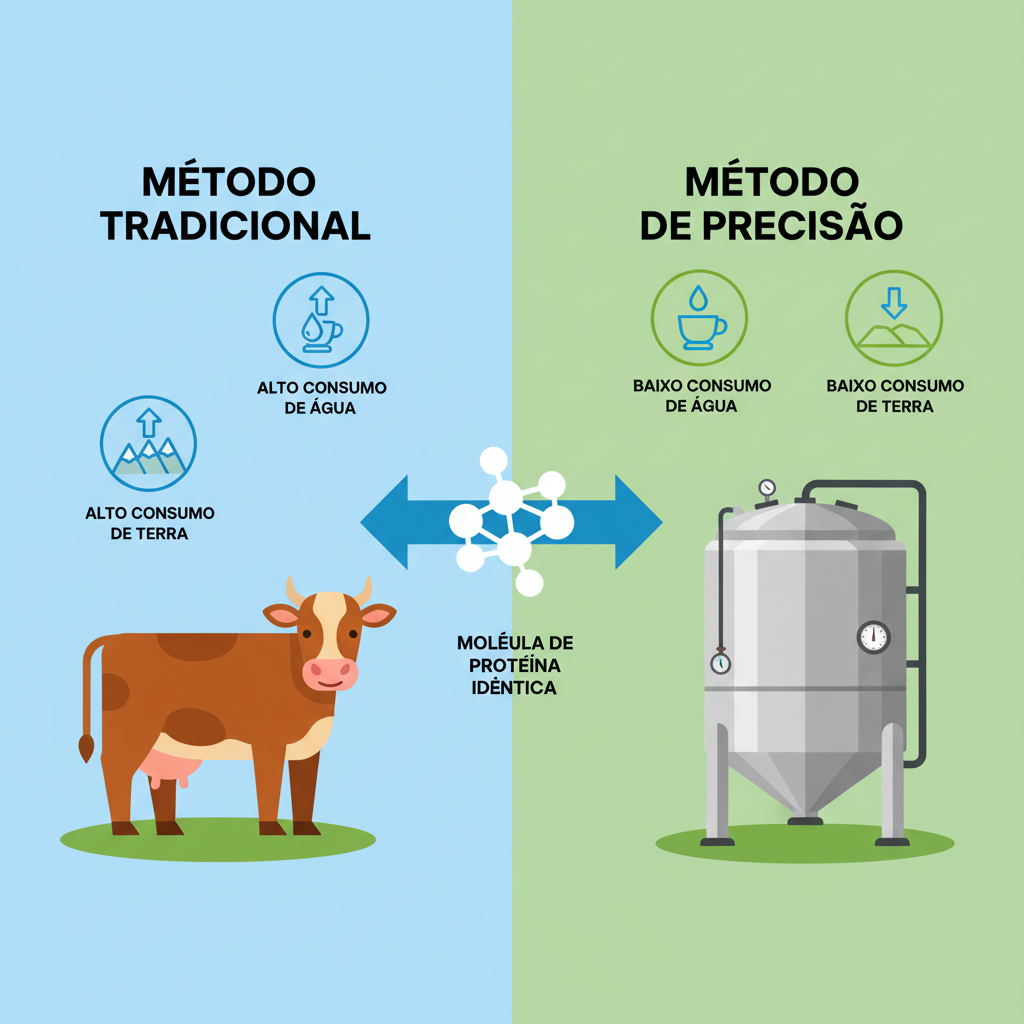 Infográfico comparando o uso de recursos (terra e água) da pecuária tradicional com a eficiência da fermentação de precisão para produzir a mesma proteína.