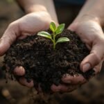 Close-up de mãos em concha protegendo um punhado de solo escuro e vivo, de onde nasce uma planta, representando a importância da saúde do solo.