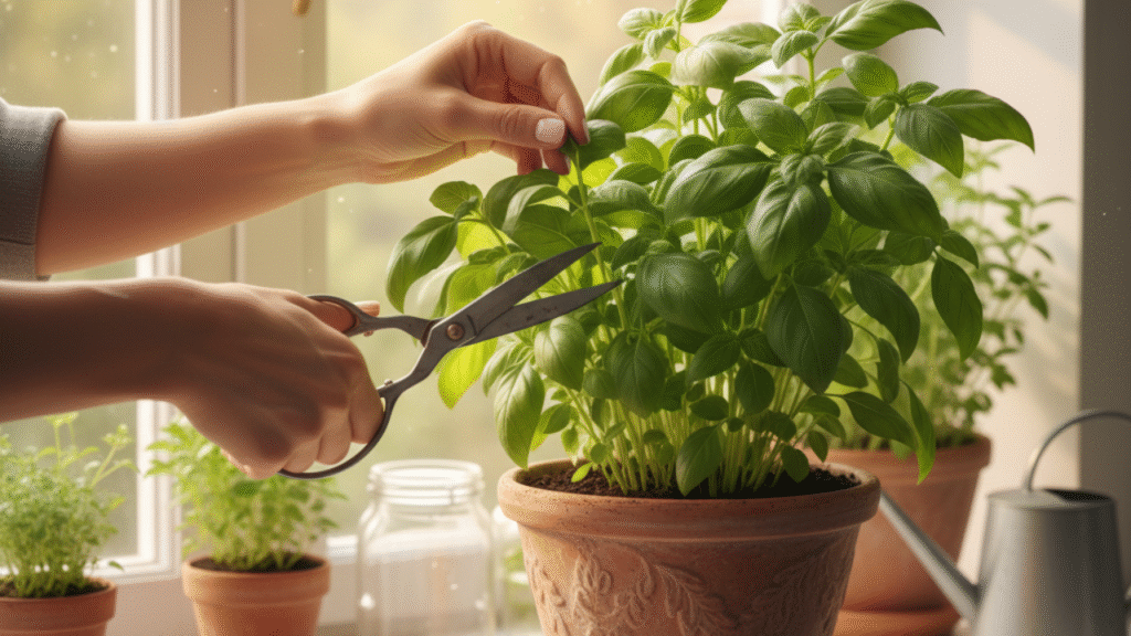 Como cuidar de Manjericão. Mãos podando corretamente um pé de manjericão em vaso, demonstrando a técnica de poda apical para que a planta cresça mais cheia.