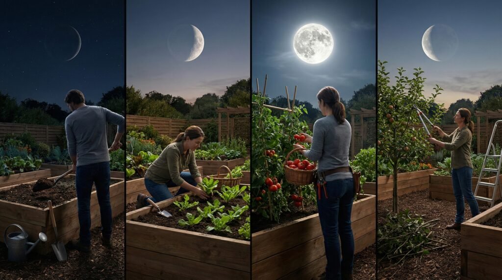 Jardinagem Lunar: Composição mostrando as quatro fases lunares e atividades de jardinagem correspondentes em cada uma.