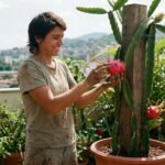 Como plantar Pitaia. Jardineiro sorrindo ao lado de seu pé de pitaia em vaso, mostrando uma fruta-do-dragão madura pronta para a colheita.